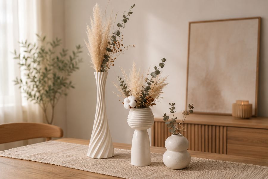layered vase grouping for modern beige home decor accents