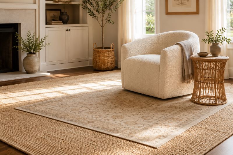Layered jute and wool rugs placement in living room