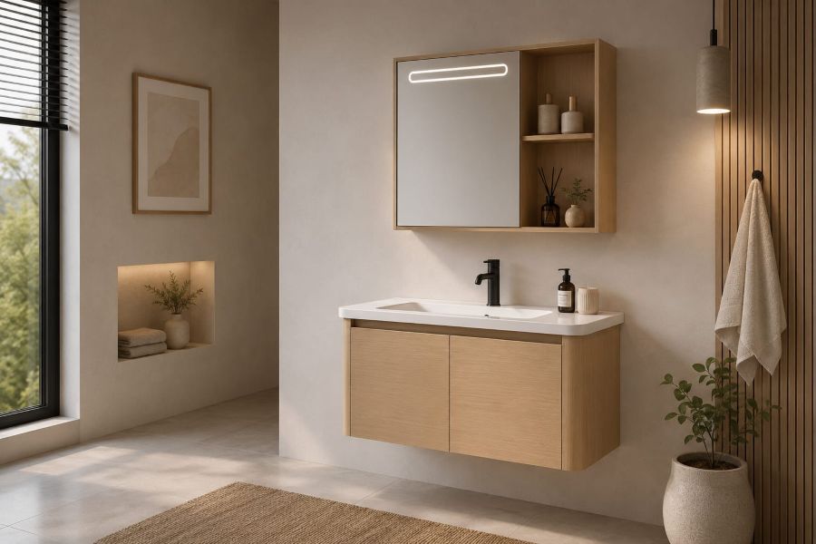 light oak bathroom vanity with mirrored storage space