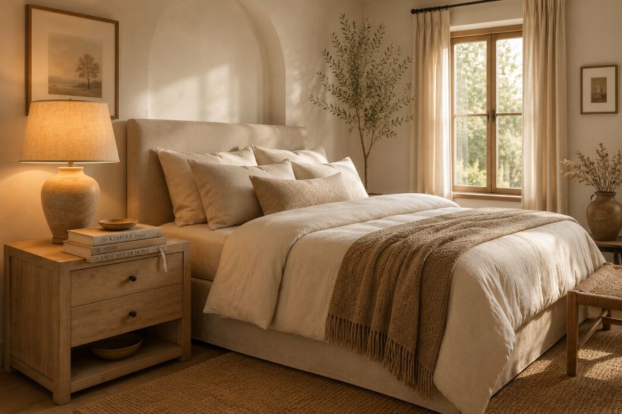 Light wood bedside table decor with a stack of neutral books and table lamp