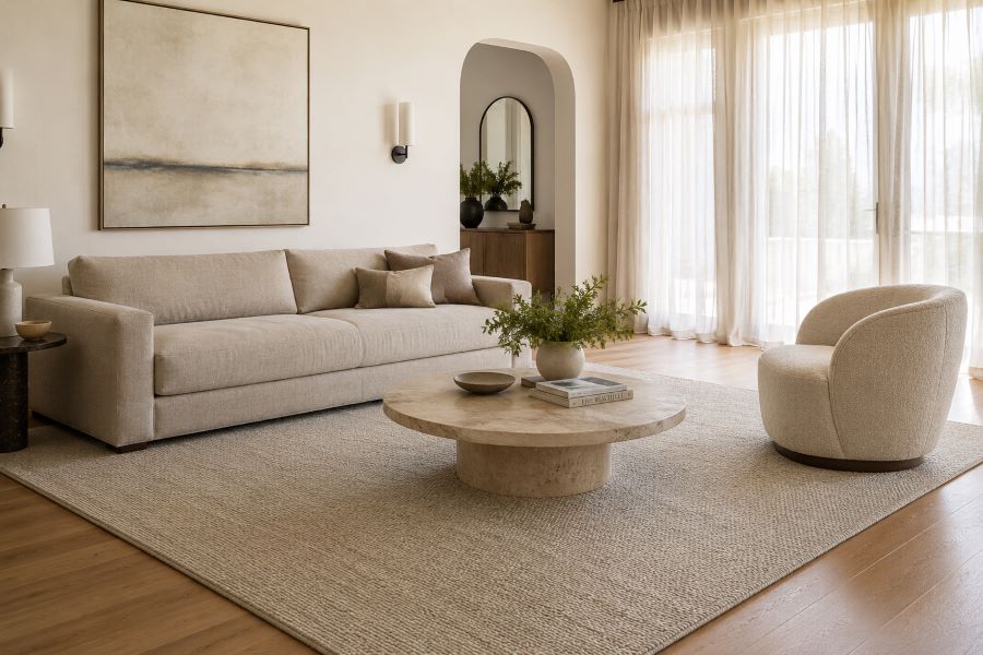 Beige living room with layered wool area rug