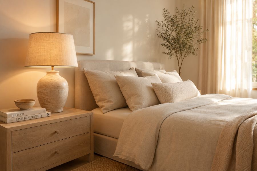 Beige bedside table decor styled with a linen table lamp and warm lighting