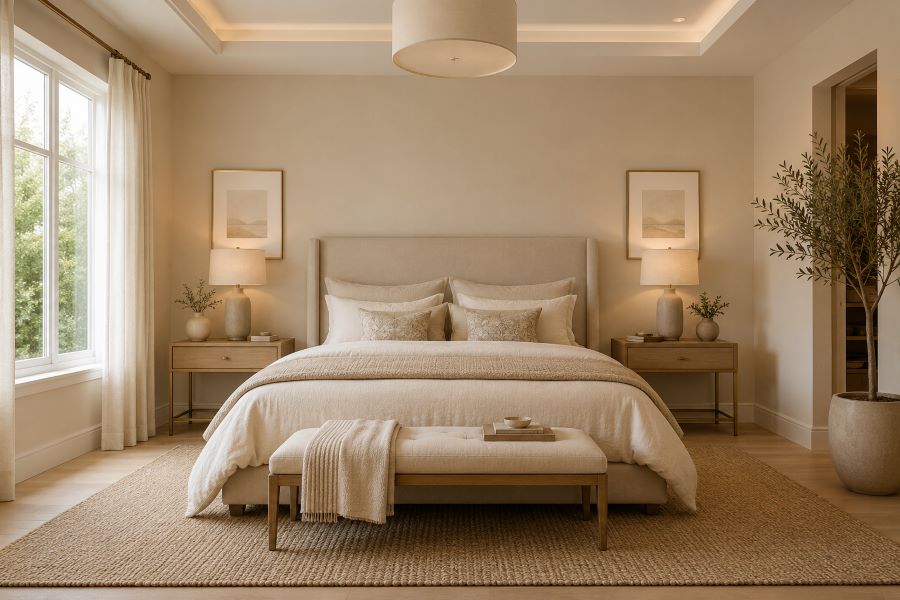 Two matching nightstands styled symmetrically in bedroom