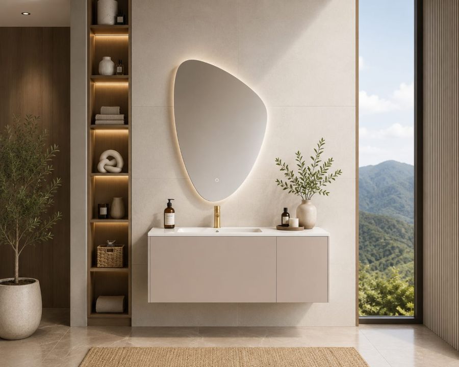 mauve vanity with organic pebble shaped mirroor