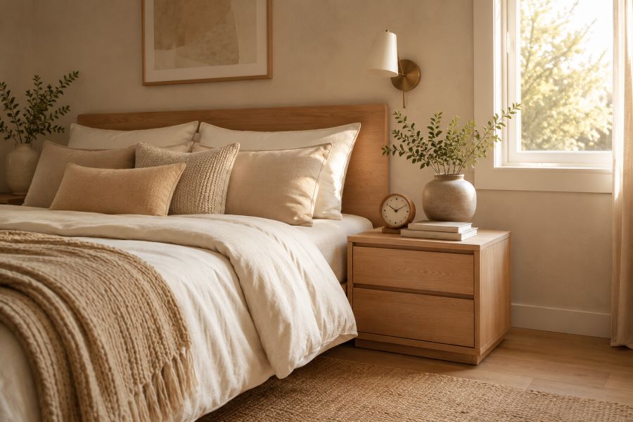 Minimalist wood clock on light nightstand