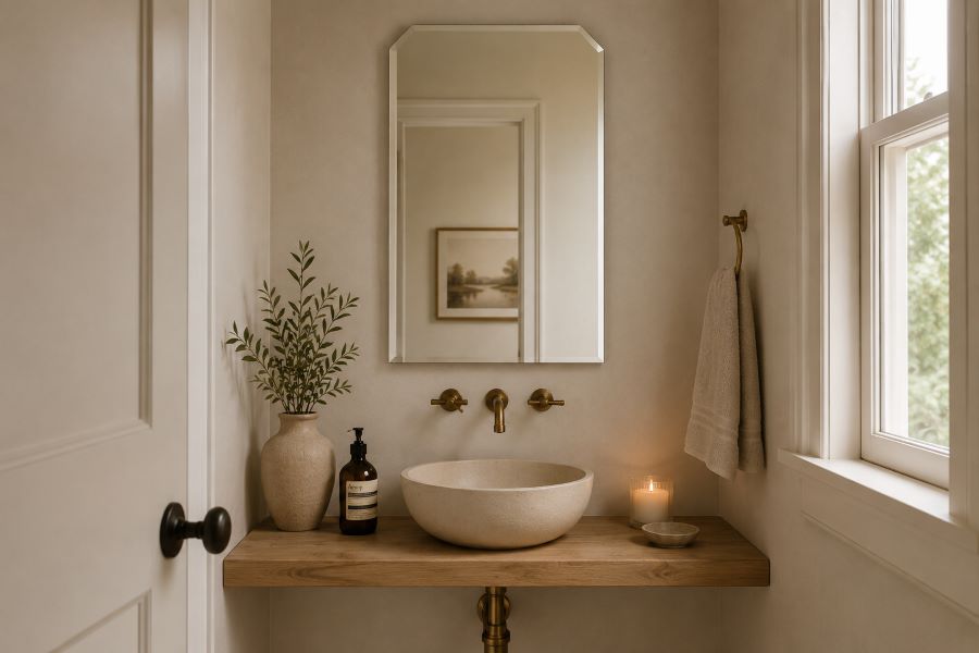 Minimalist frameless mirror powder room shelf