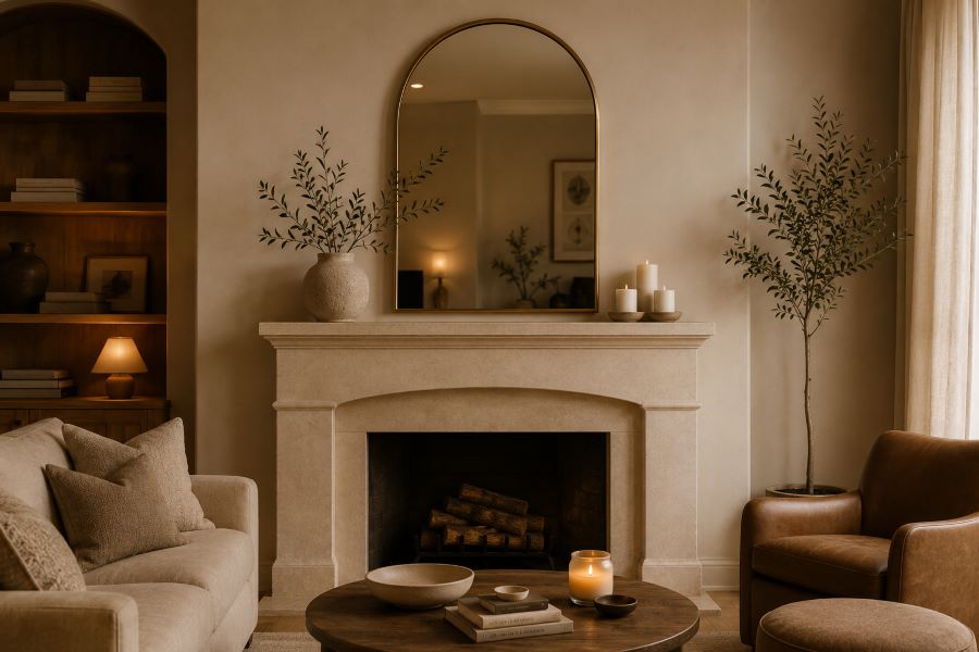 Arched mirror decor ideas above beige fireplace mantel