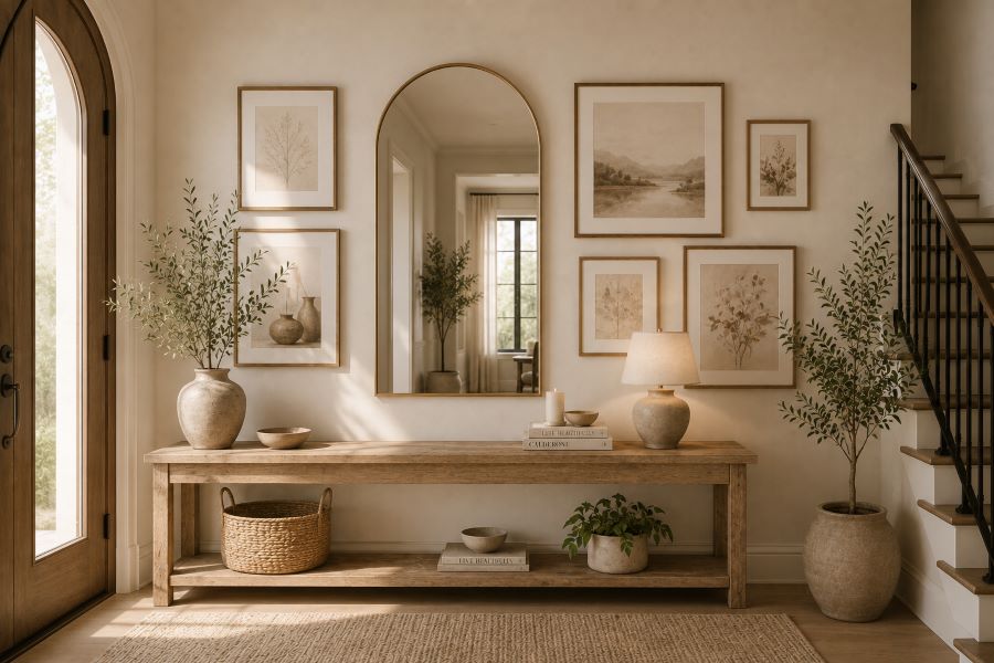 Beautiful Gallery Wall Design With art and mirror combination