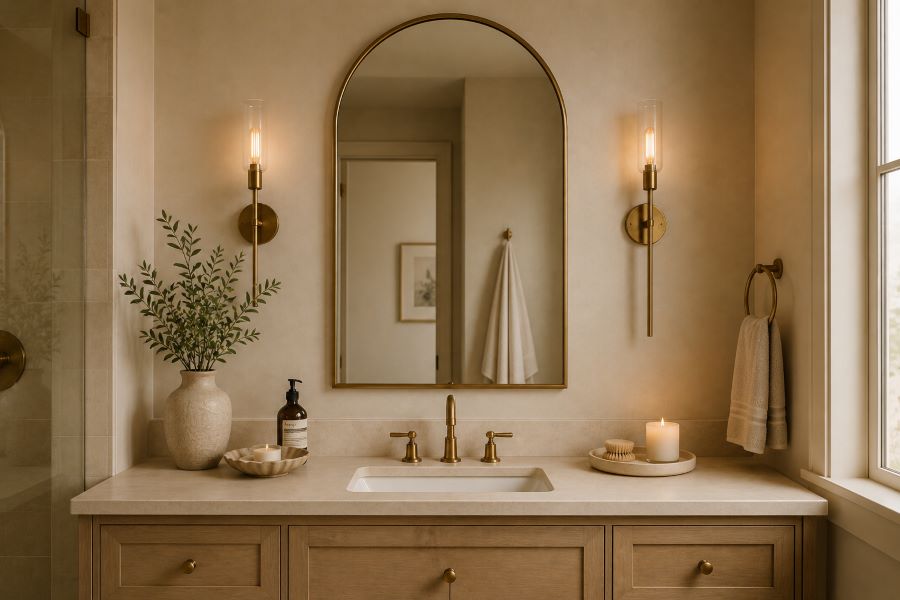 Asymmetrical organic mirror decor ideas for hallway wall sconce