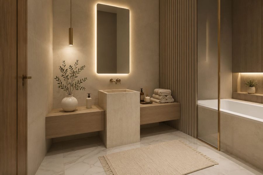 modern beige vanity with pedestal sink with mirror