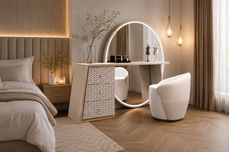 Beige bedroom furniture with this modern vanity design with LED mirror