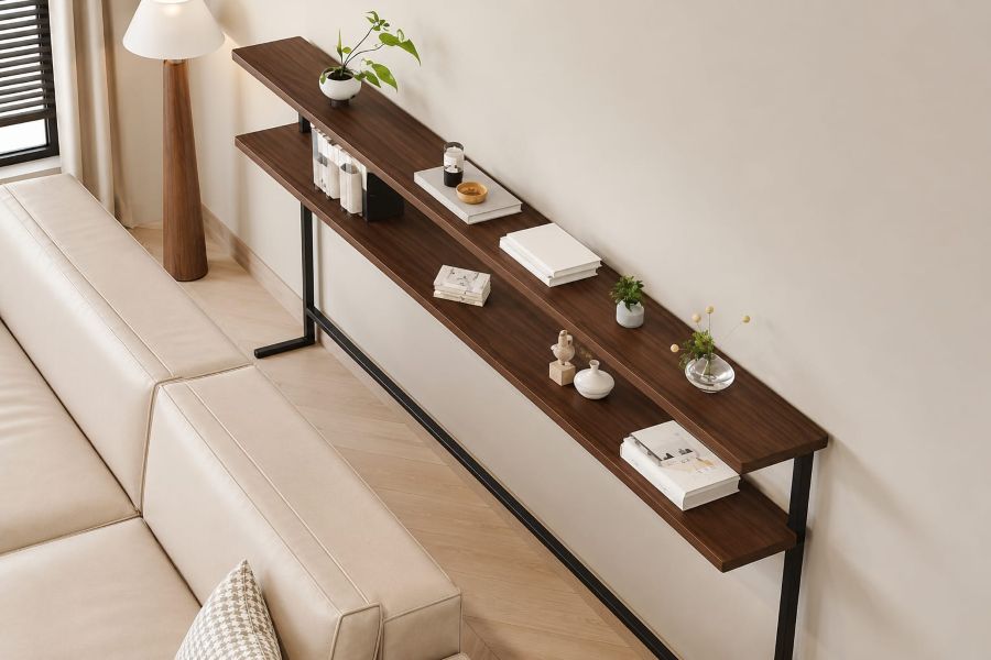 Two Tier console table with modern decorative accents