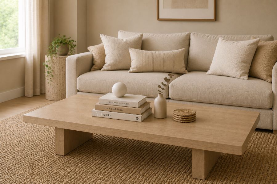 Neutral book stack display beige coffee table
