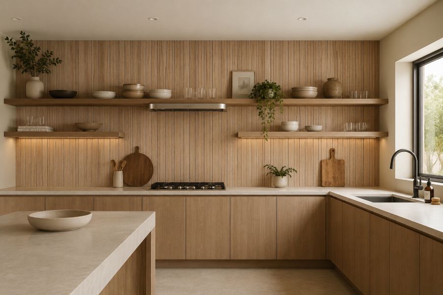 Modern kitchen with natural wood wallpaper