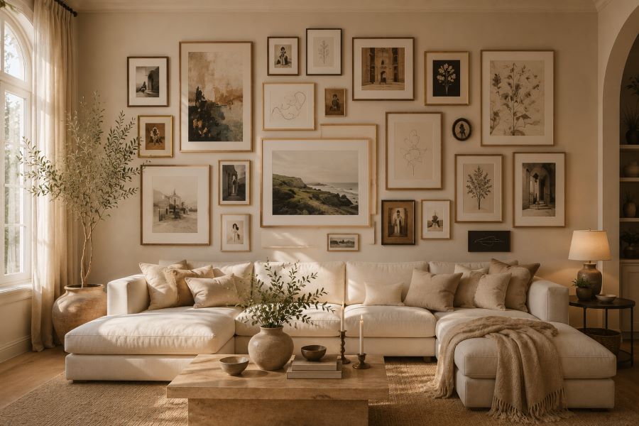 Beige interior with neutral salon style arrangements of wall design