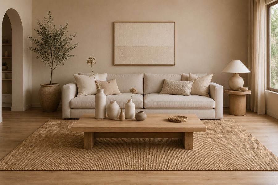 Neutral ceramic vase collection with  beige coffee table