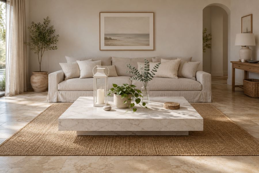 Neutral lantern greenery on table in modern living room