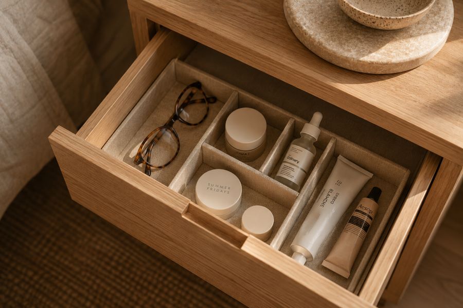 Organized nightstand drawer with neat dividers