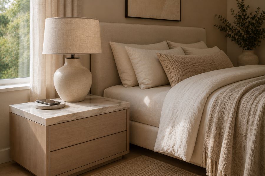 Stone-finish wireless charger beside table lamp