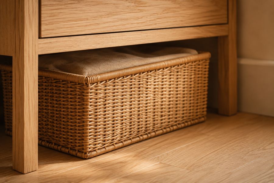 Woven rattan basket tucked under nightstand