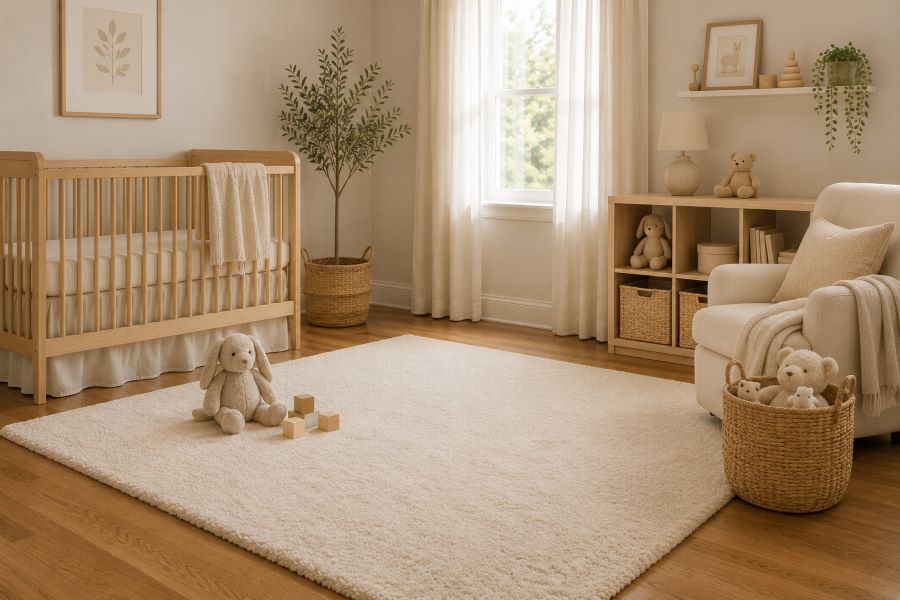 Nursery with plush ivory play area with rug placement