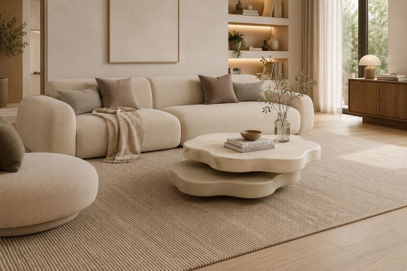 Living room furniture ideas including beige coffee table
