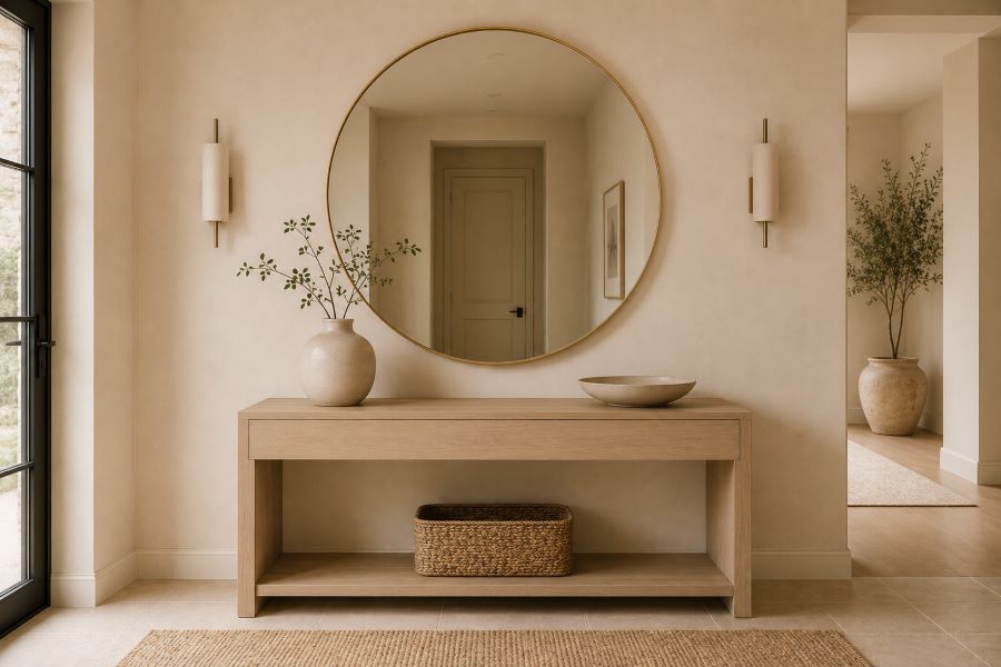 Oversized round mirror above wood console