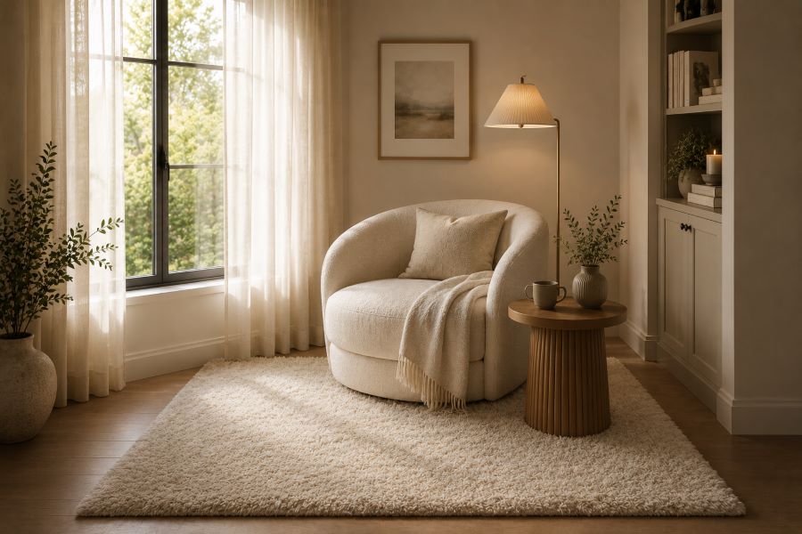 Cozy reading nook with plush layered rug