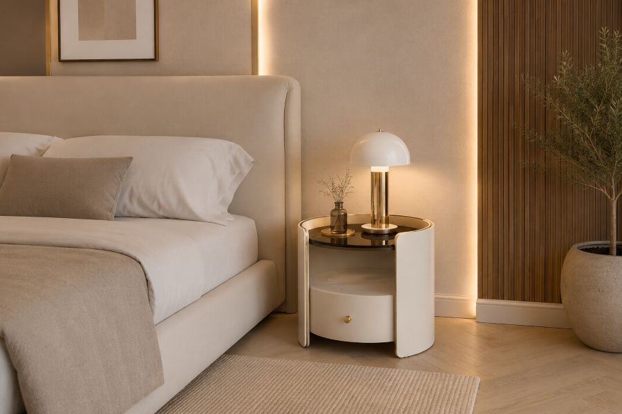Elegant bedroom furniture ideas with round nightstand with gold trim