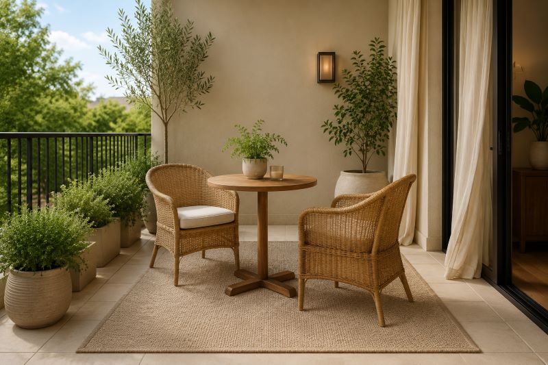 Balcony with weather-resistant outdoor rug setup