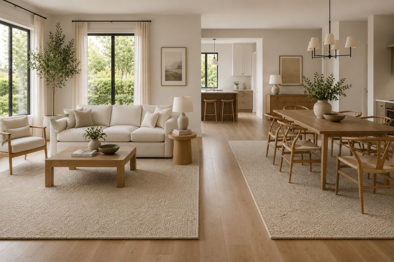 Open floor plan with zoned neutral rugs