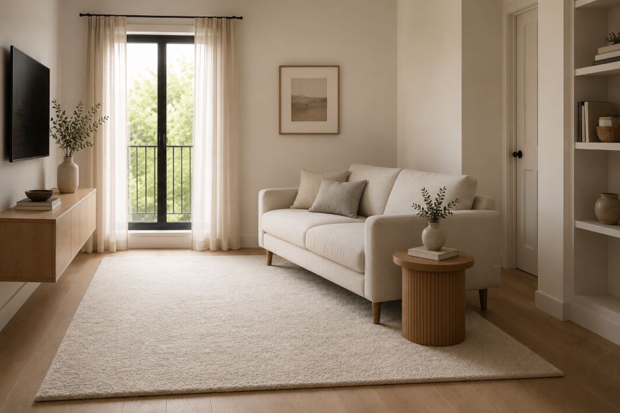 Small living room with diagonal oversized rug placement