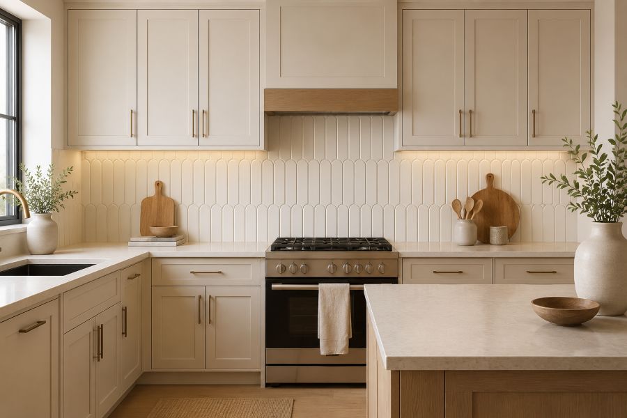 Scalloped beige kitchen wallpaper for modern interior