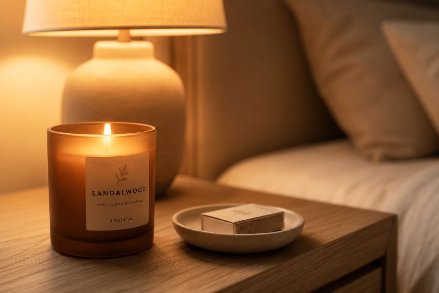 Frosted glass candle styled beside a matchbox