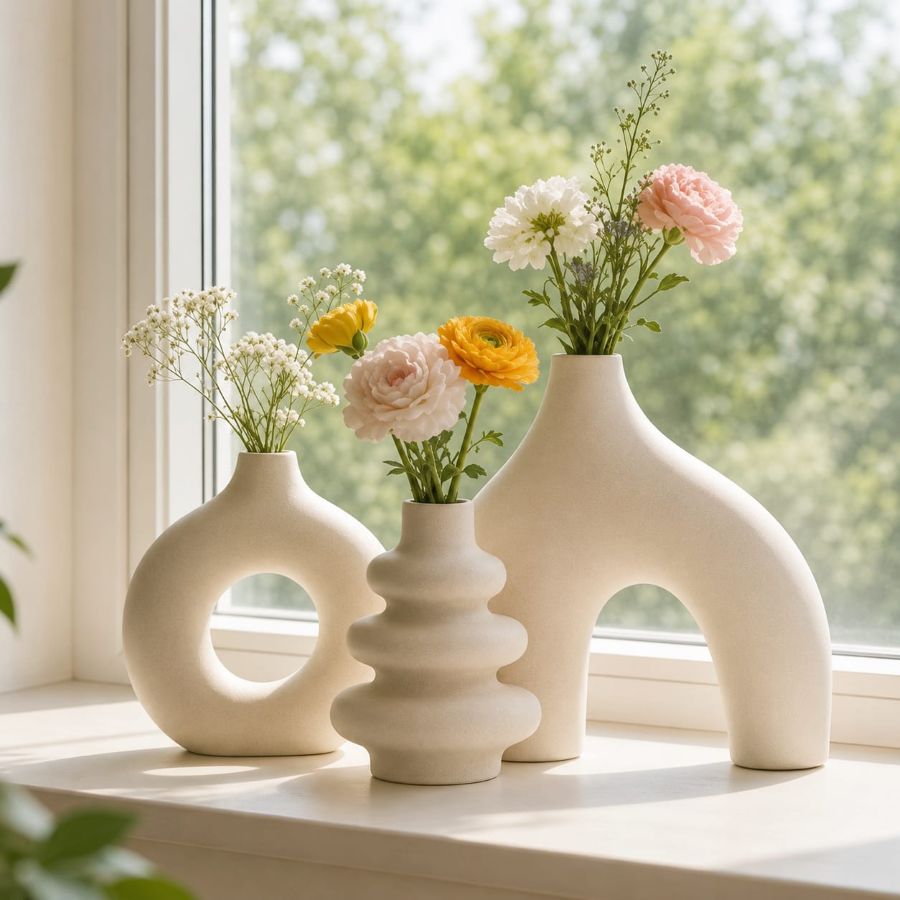sculptural ceramic vase trio for modern window treatment ideas