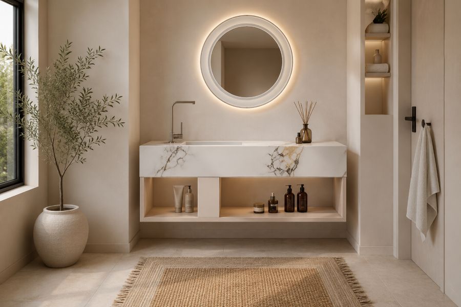 Sculptural  marble vanity with round mirror