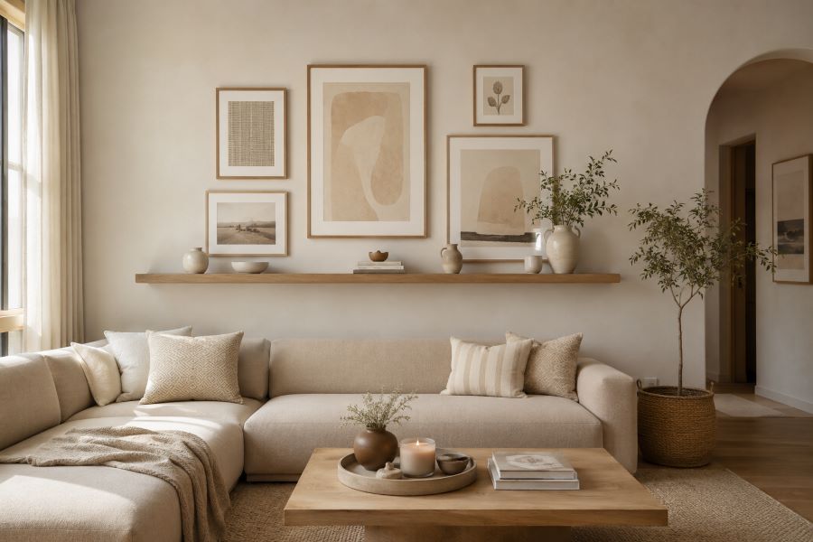 Sculptural wall with shelf and gallery  layout