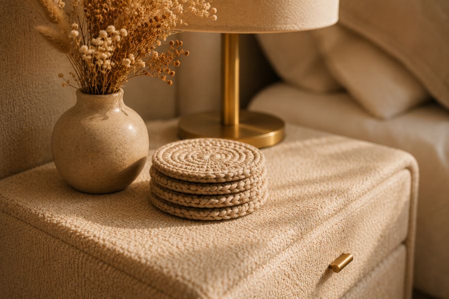 Knit coasters with dried florals styled together