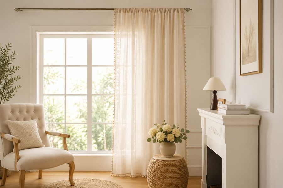 sheer linen curtains for a fireplace reading nook