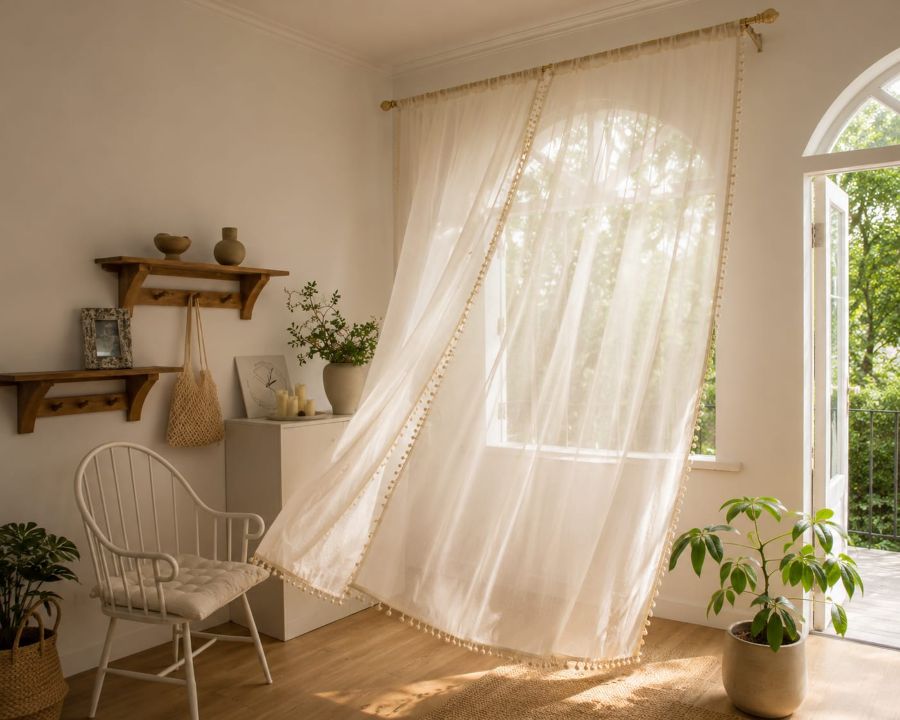 linen beige curtains with tassel trims