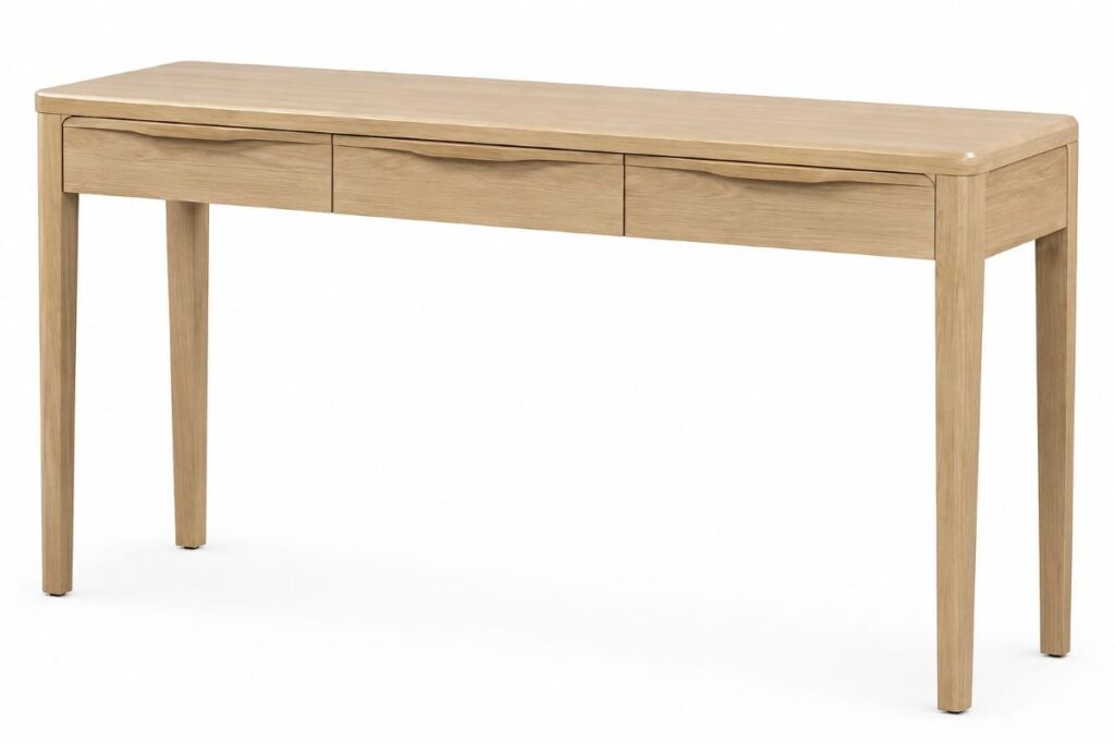 Simple wood-toned console table with three drawers