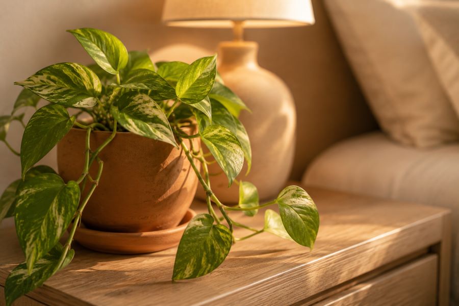 Terracotta potted plant on wood nightstand