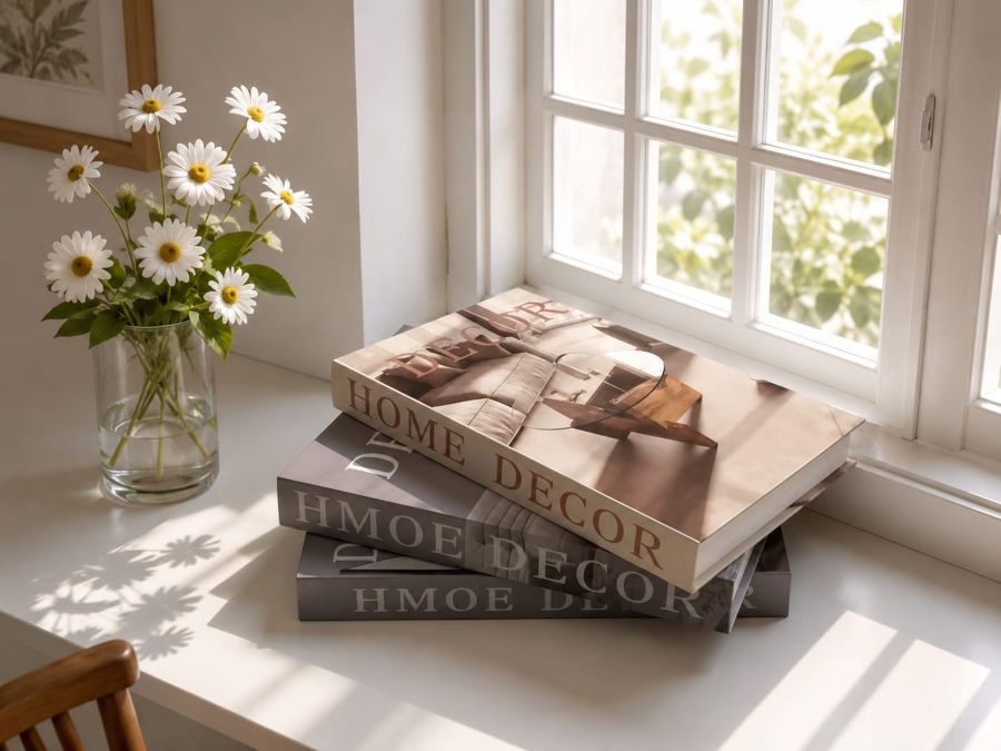 Modern beige window decor with decorative books