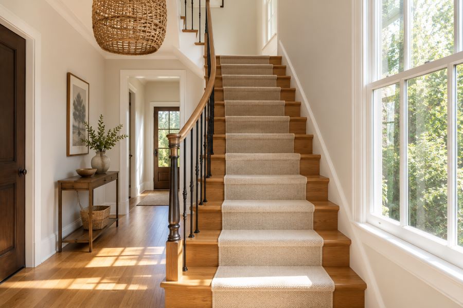 Staircase rug placement with centered neutral stair runner