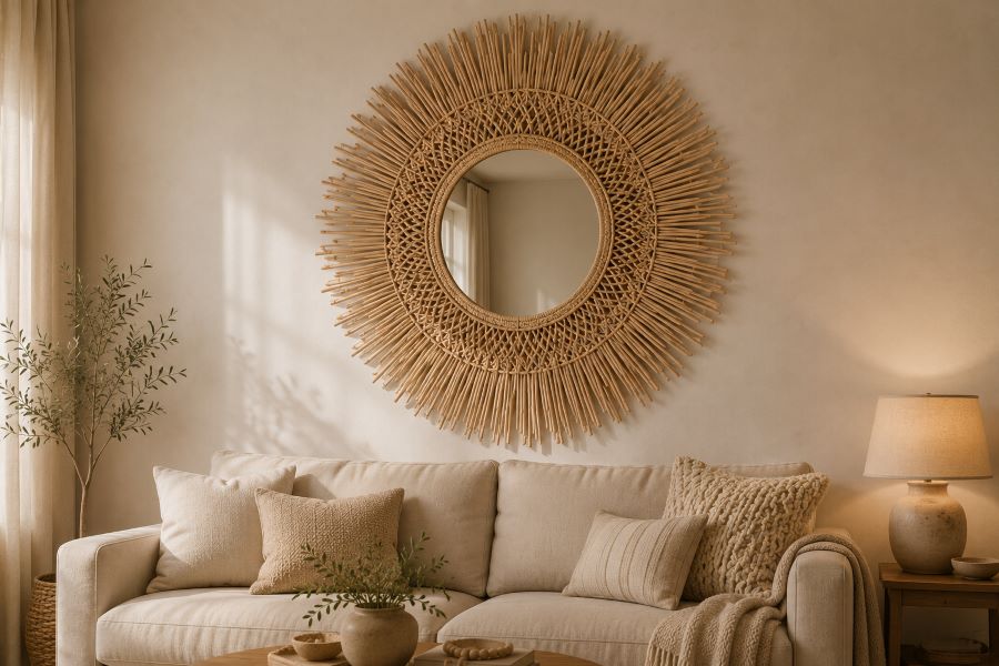 Sunburst rattan-frame mirror decor ideas above beige sofa