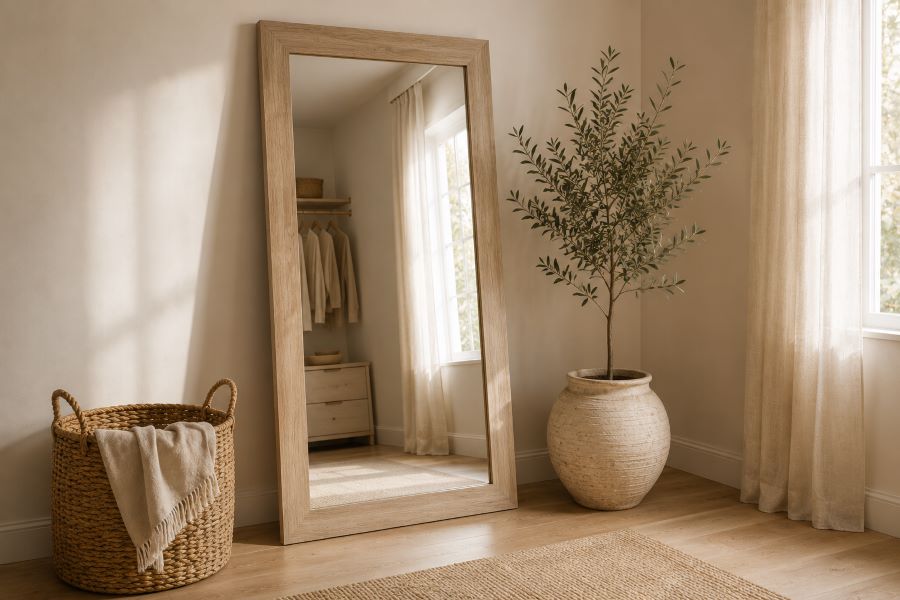 Tall rectangular leaning mirror light wood frame