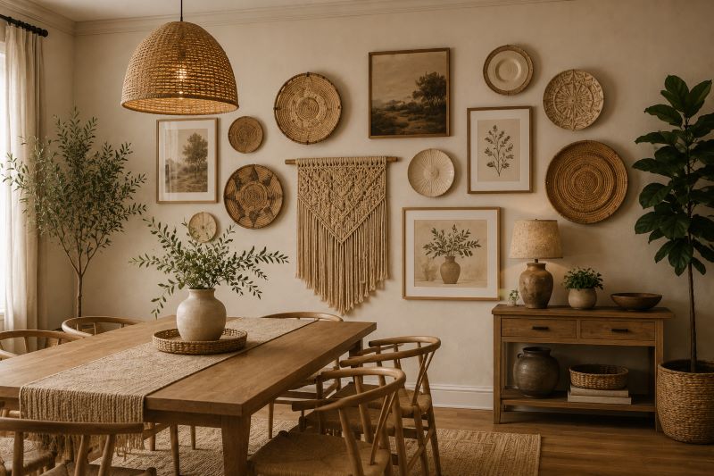 Wall including prints with macrame hanging