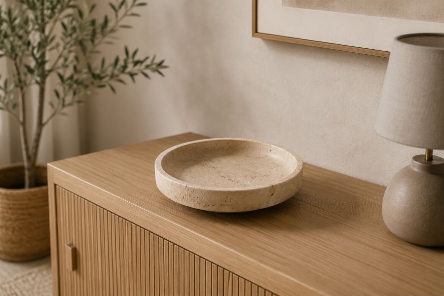 travertine stone bowl home decor with ceramic table lamp 