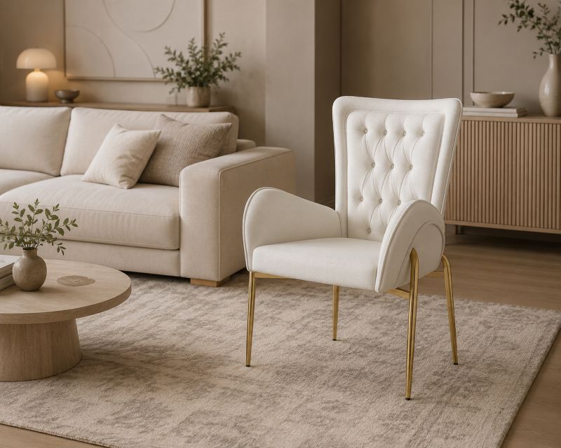 Living room furniture ideas including beige chair with gold legs