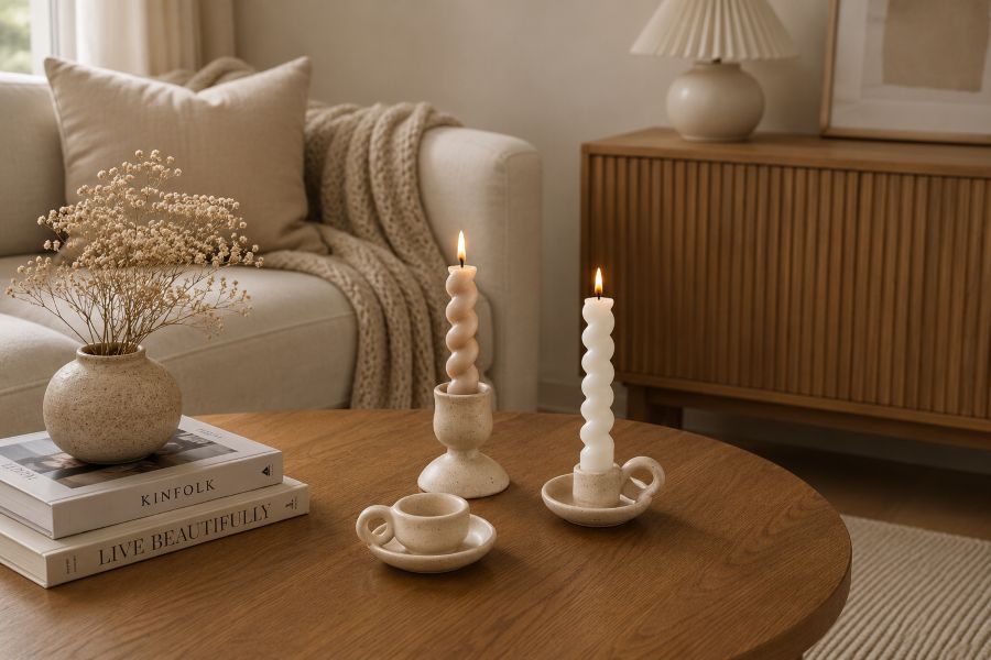 Twisted taper candles in speckled ceramic holder
